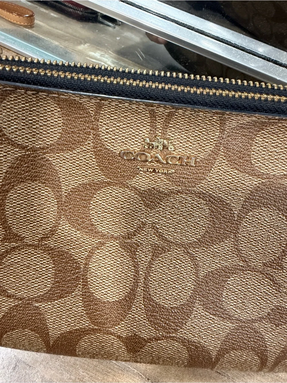 Coach Brown Signature Canvas Wristlet with Gold Logo